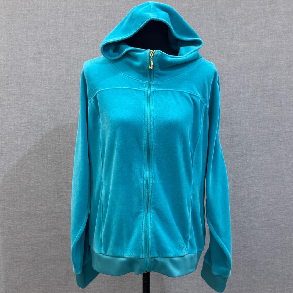 Juicy Couture Women Turquoise Blue Velour Zip Up Hoodie Rhinestone J Pull XL